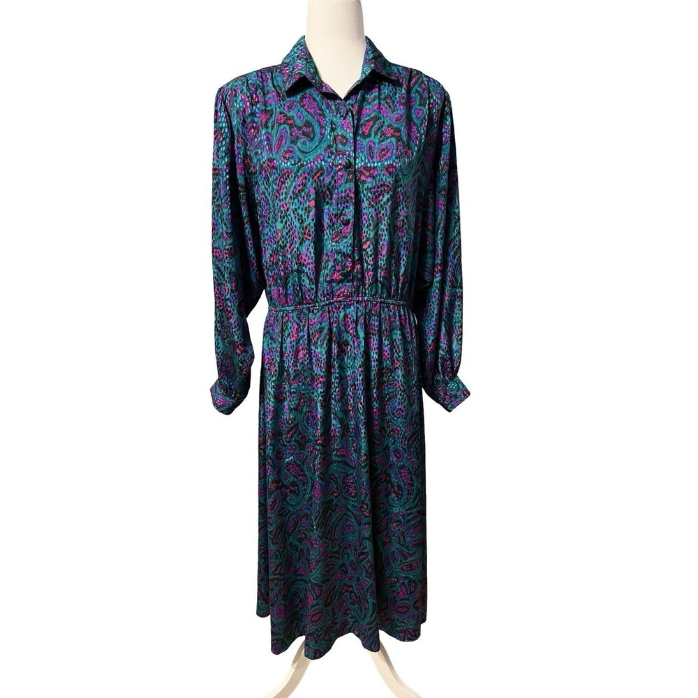J. Arthur Vintage 1980s Peacock Print Shirt Dress Size 14 EUC!